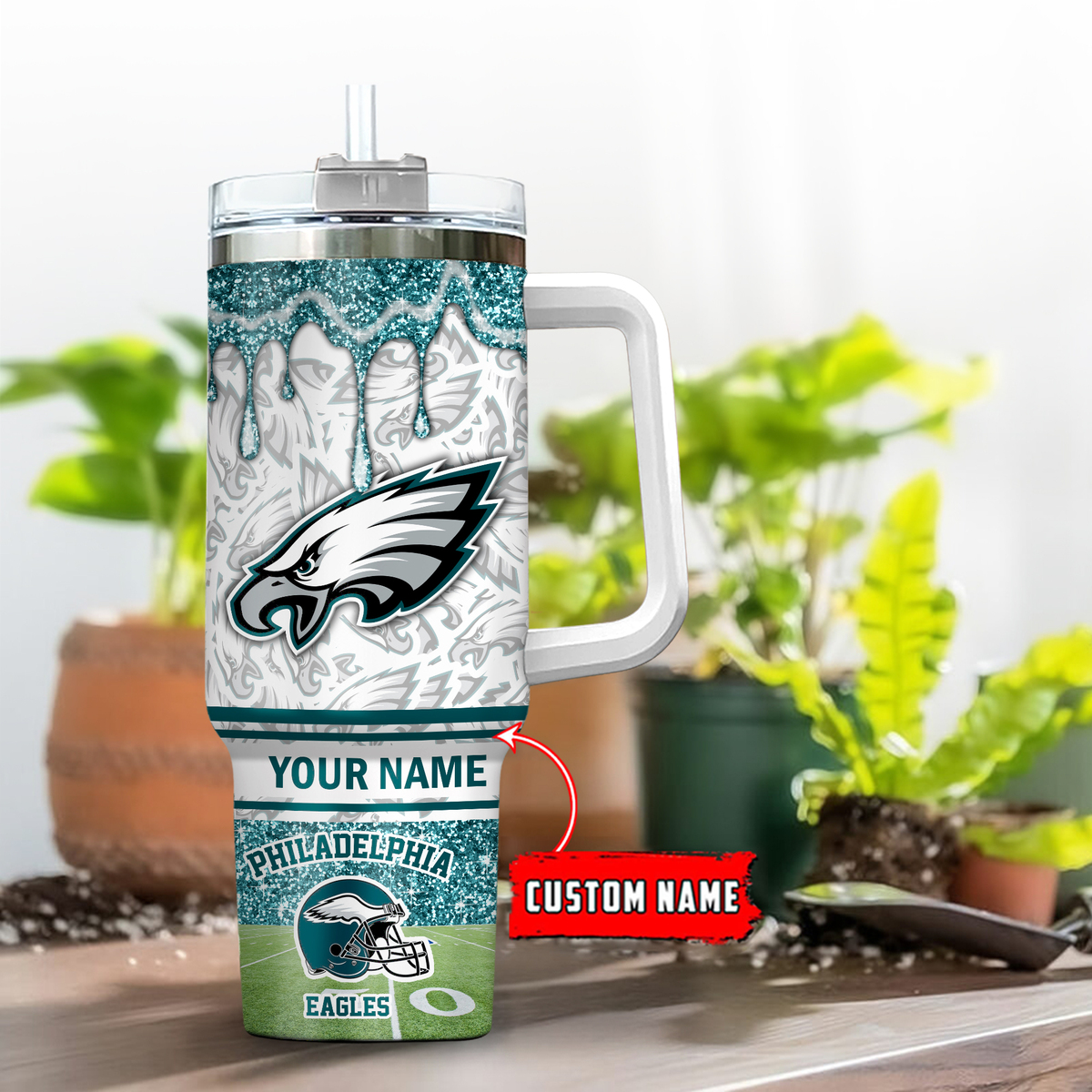 Philadelphia Eagles NFL Glitter Custom Stanley Quencher 40oz Stainless Steel Tumbler With Handle