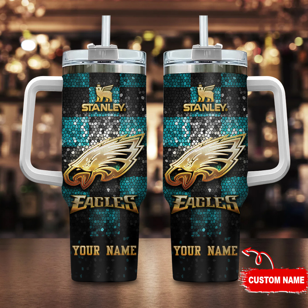 Philadelphia Eagles NFL Glitter Golden Logo Custom Stanley Quencher 40oz Stainless Steel Tumbler With Handle