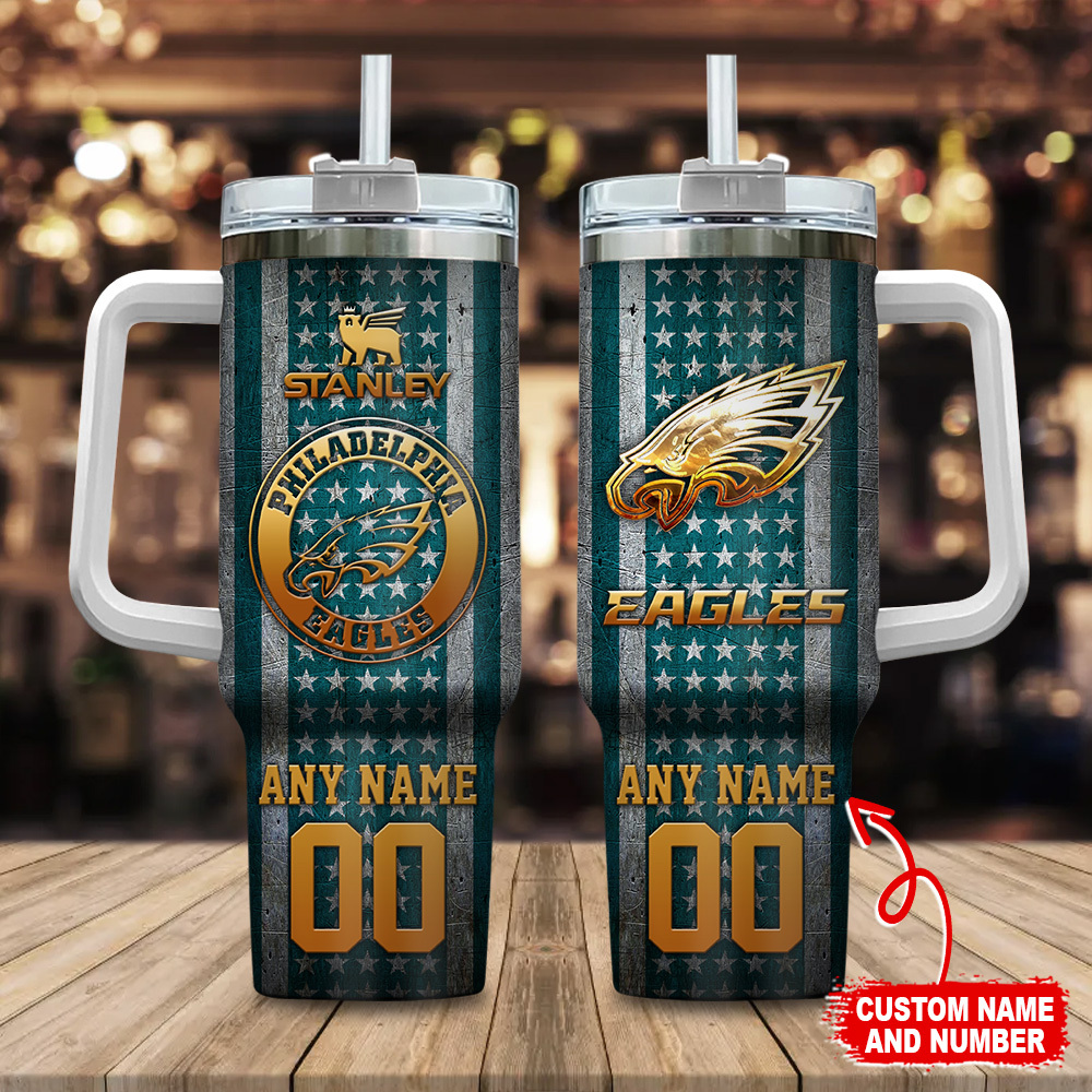 Philadelphia Eagles NFL Golden Logos US Flag Custom Stanley Quencher 40oz Stainless Steel Tumbler With Handle