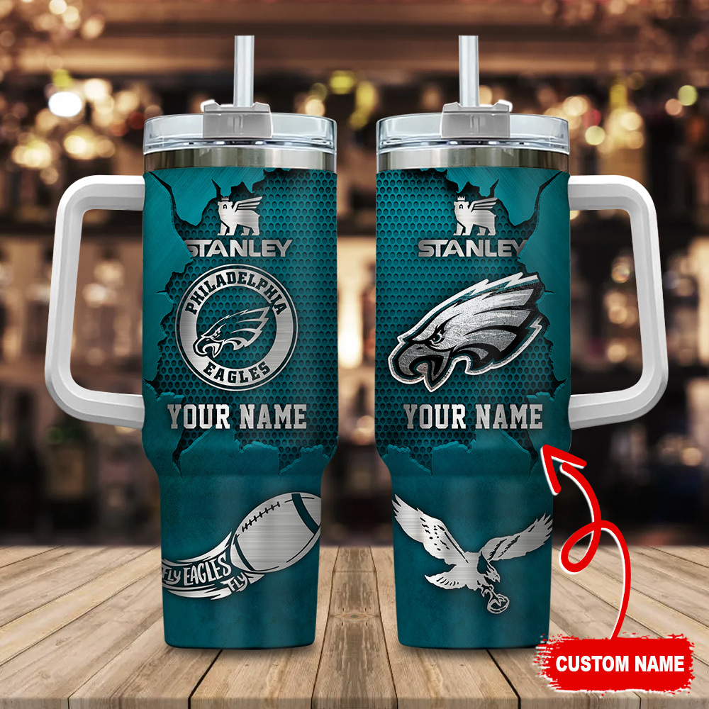 Philadelphia Eagles NFL Metal Style Custom Stanley Quencher 40oz Stainless Steel Tumbler With Handle