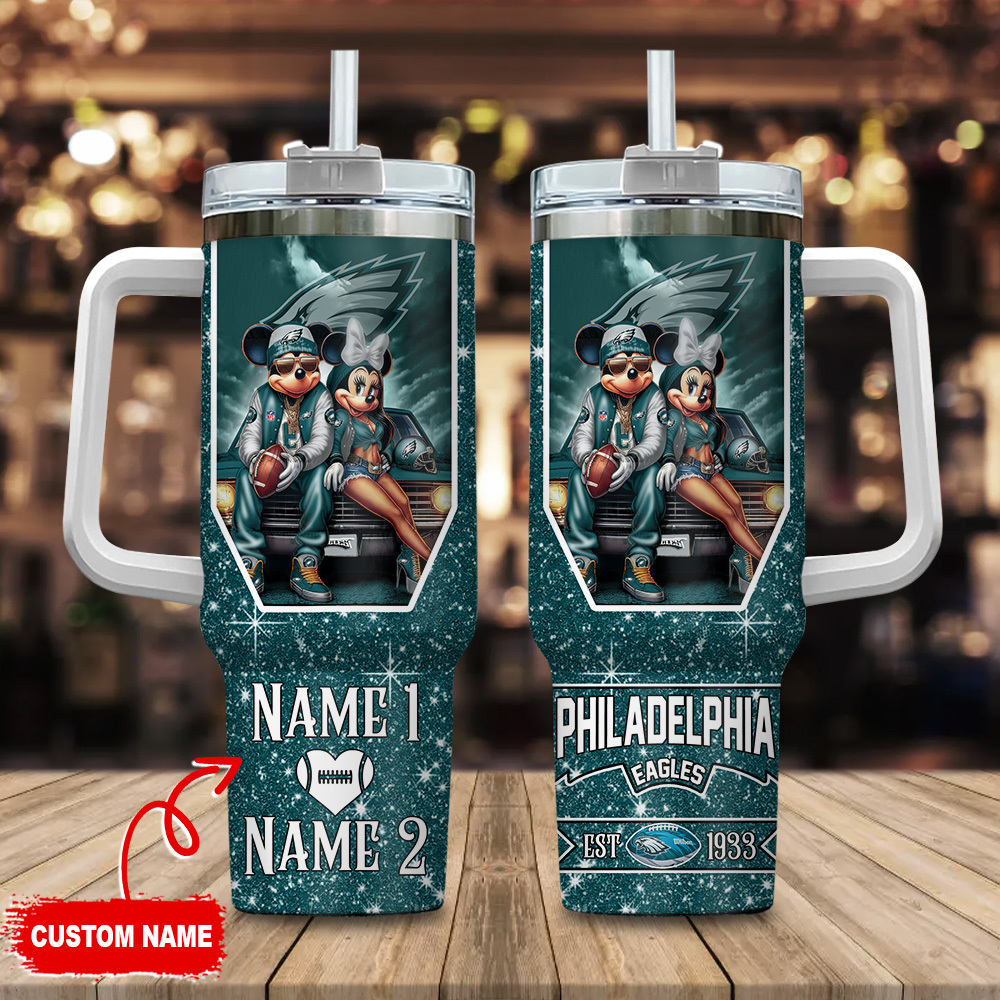 Philadelphia Eagles NFL Mickey And Minnie Couple Custom Stanley Quencher 40oz Stainless Steel Tumbler With Handle