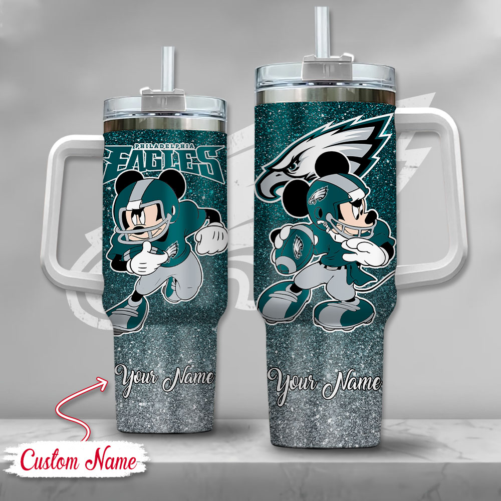 Philadelphia Eagles NFL Mickey Mouse Glitter Custom Stanley Quencher 40oz Stainless Steel Tumbler With Handle