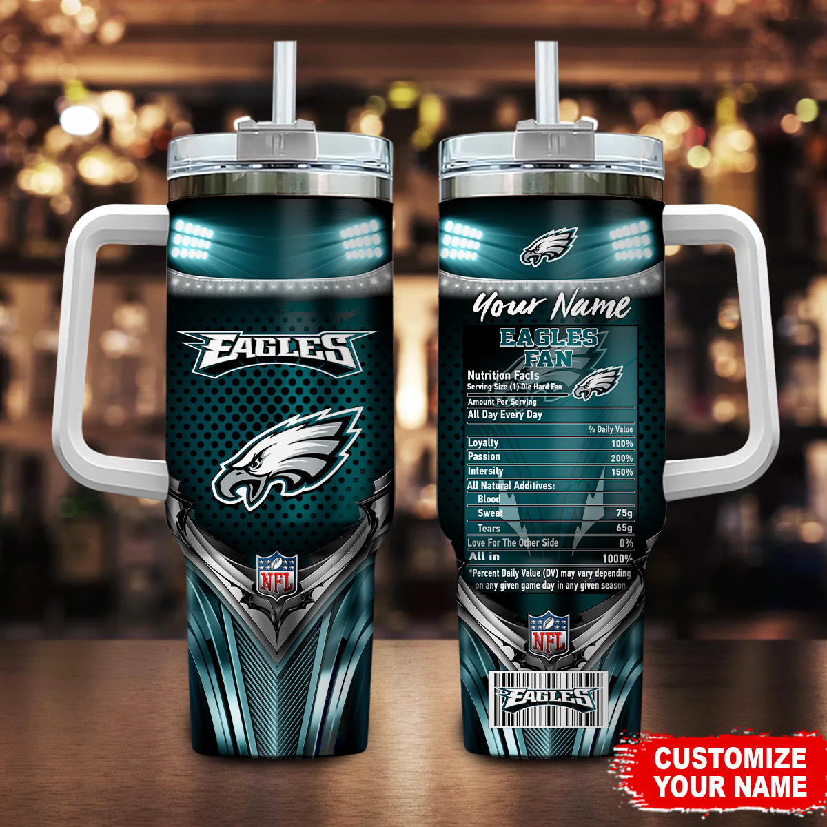 Philadelphia Eagles NFL Nutrition Facts Custom Stanley Quencher 40oz Stainless Steel Tumbler With Handle