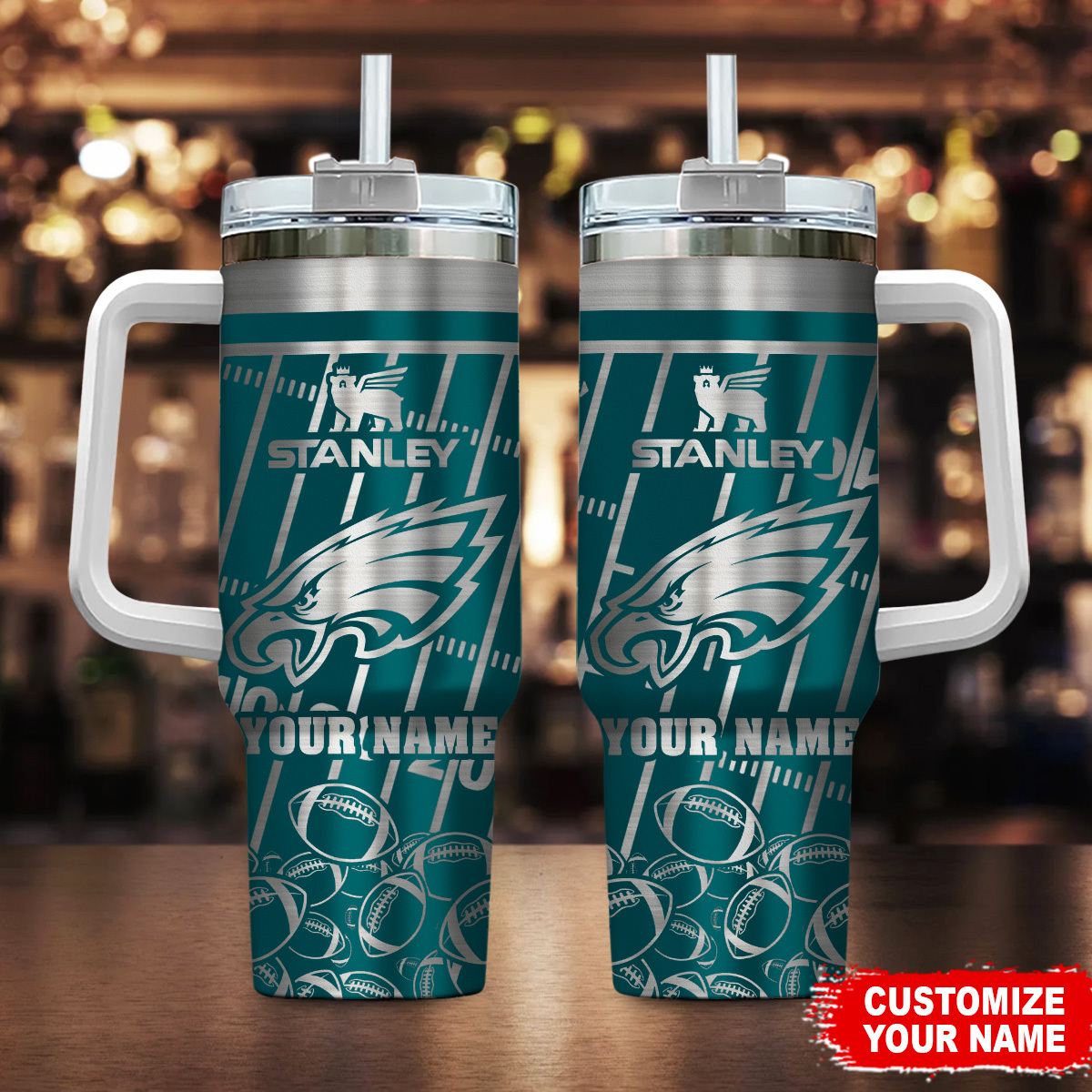 Philadelphia Eagles NFL Silver Custom Stanley Quencher 40oz Stainless Steel Tumbler With Handle