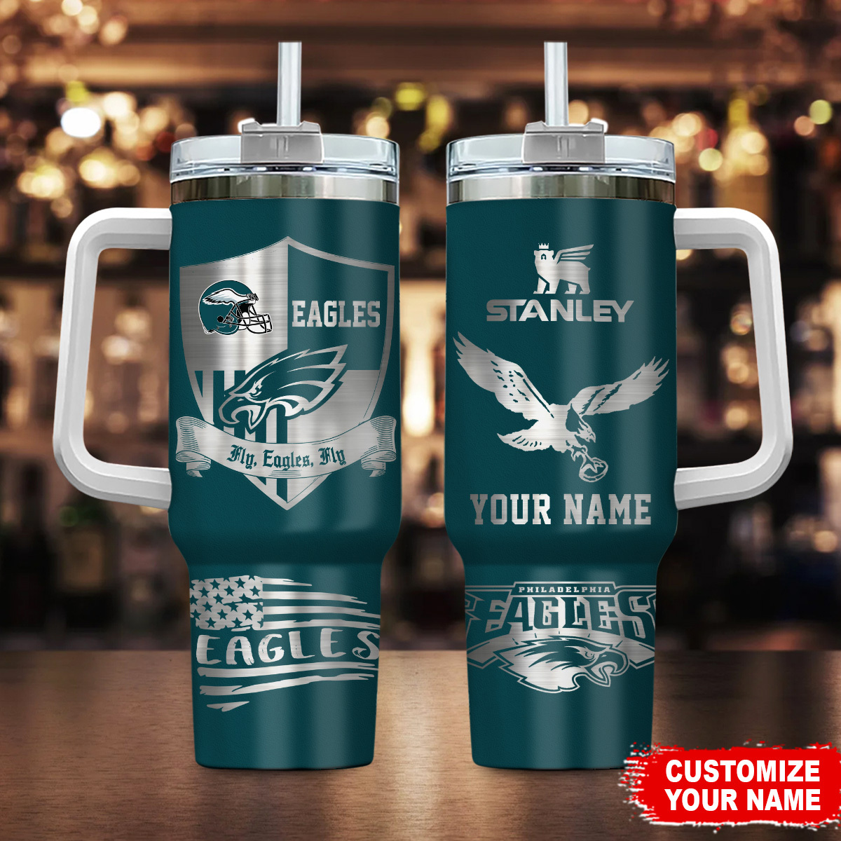 Philadelphia Eagles NFL Silver Logo Custom Stanley Quencher 40oz Stainless Steel Tumbler With Handle