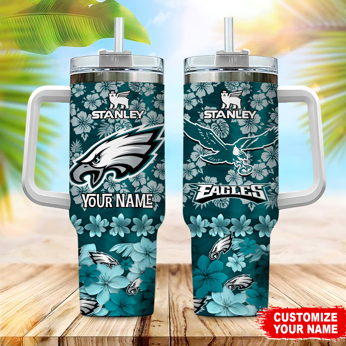 Philadelphia Eagles NFL Tropical Floral Custom Stanley Quencher 40oz Stainless Steel Tumbler With Handle
