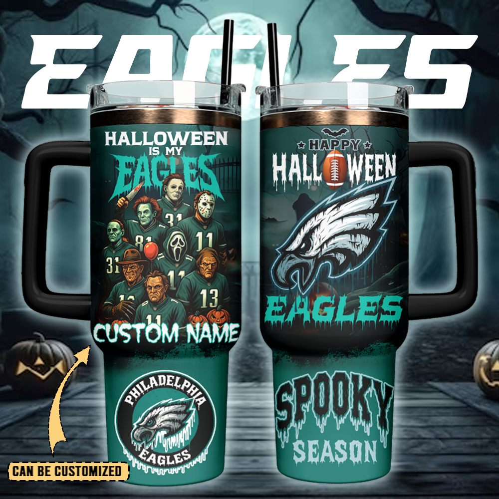 Philadelphia Eagles x Halloween Custom Stanley Quencher 40oz Stainless Steel Tumbler With Handle