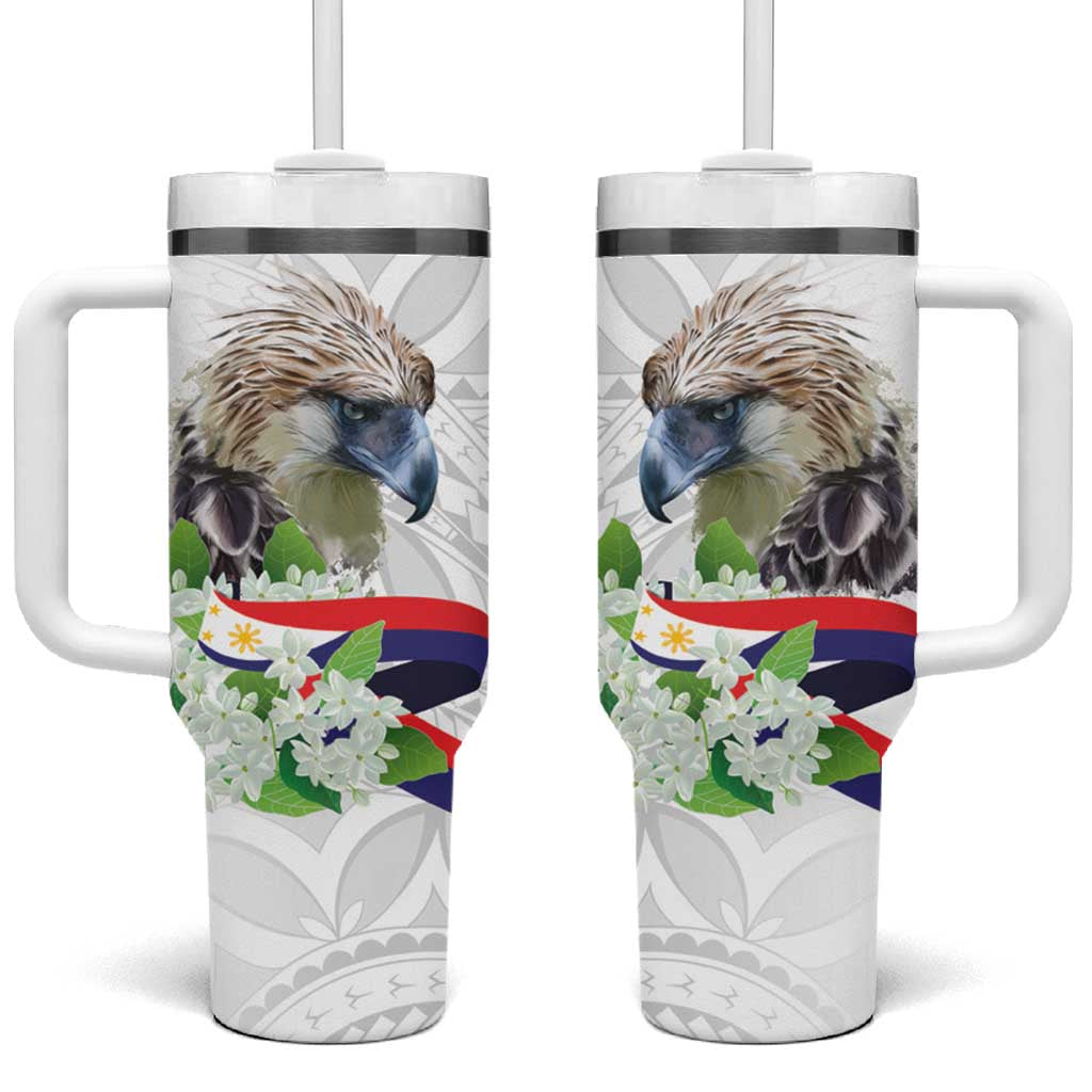 Philippines Eagle and Sampaguita Flowers Polynesian Custom Stanley Quencher 40oz Stainless Steel Tumbler With Handle