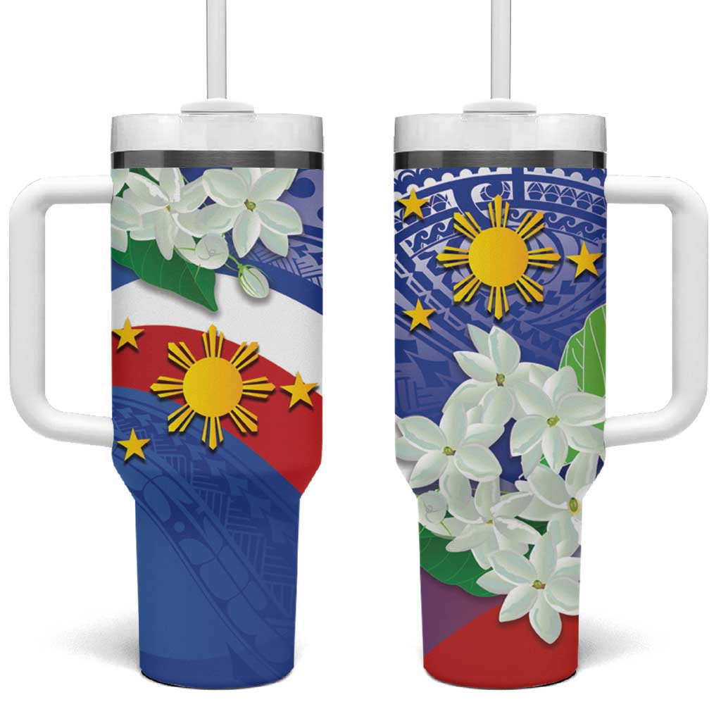 Philippines Flag Sampaguita Jasmine with Polynesian Tribal Custom Stanley Quencher 40oz Stainless Steel Tumbler With Handle