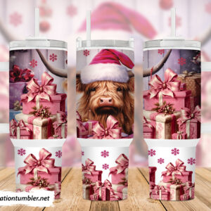 Pink Chrismtas Highland Cow Custom Stanley Quencher 40oz Stainless Steel Tumbler With Handle