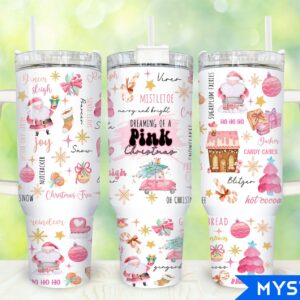 Pink Christmas Custom Stanley Quencher 40oz Stainless Steel Tumbler With Handle