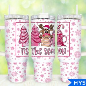 Pink Christmas Reindeer Custom Stanley Quencher 40oz Stainless Steel Tumbler With Handle
