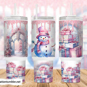 Pink Christmas Snowman Custom Stanley Quencher 40oz Stainless Steel Tumbler With Handle