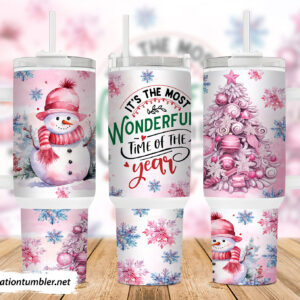 Pink Christmas Snowman Custom Stanley Quencher 40oz Stainless Steel Tumbler With Handle