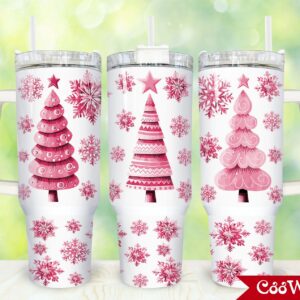 Pink Christmas Trees Custom Stanley Quencher 40oz Stainless Steel Tumbler With Handle