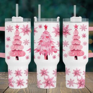 Pink Christmas Trees Custom Stanley Quencher 40oz Stainless Steel Tumbler With Handle
