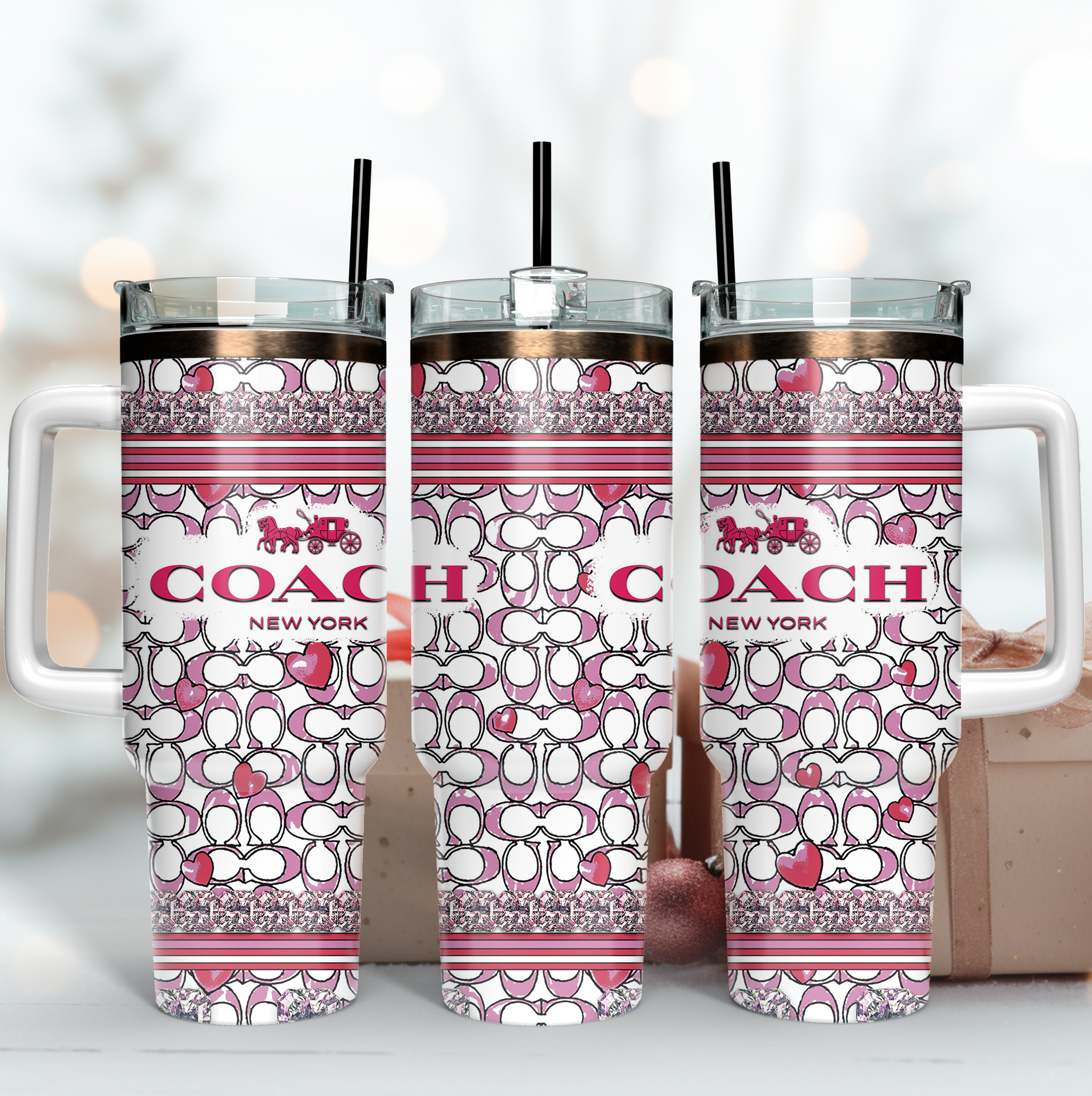 Pink Coach Logo Custom Stanley Quencher 40oz Stainless Steel Tumbler With Handle