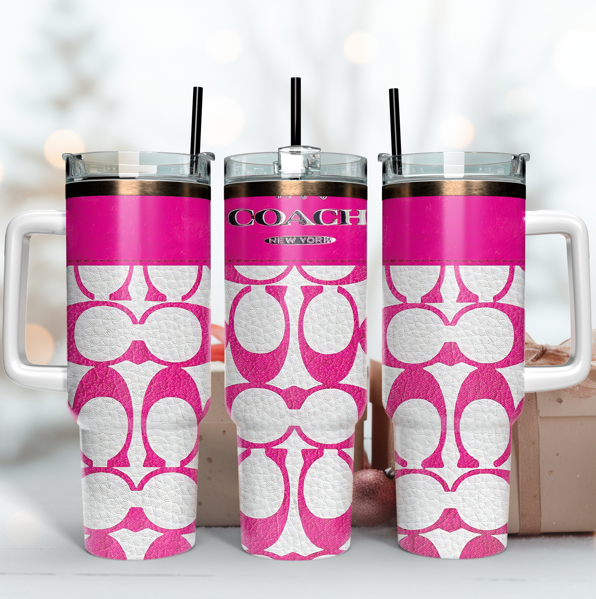 Pink Coach Logo Leather Pattern Custom Stanley Quencher 40oz Stainless Steel Tumbler With Handle