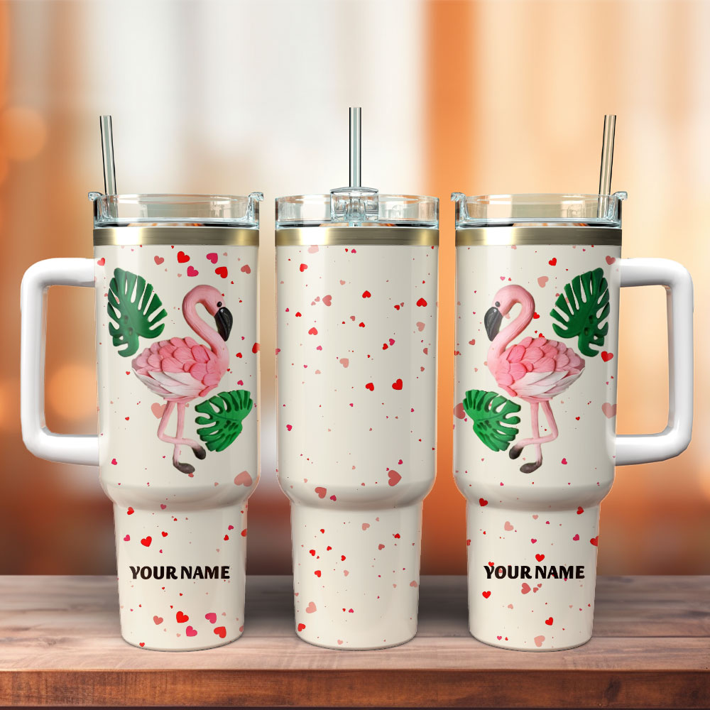 Pink Flamingo Leaf Summer Artwork Custom Stanley Quencher 40oz Stainless Steel Tumbler With Handle