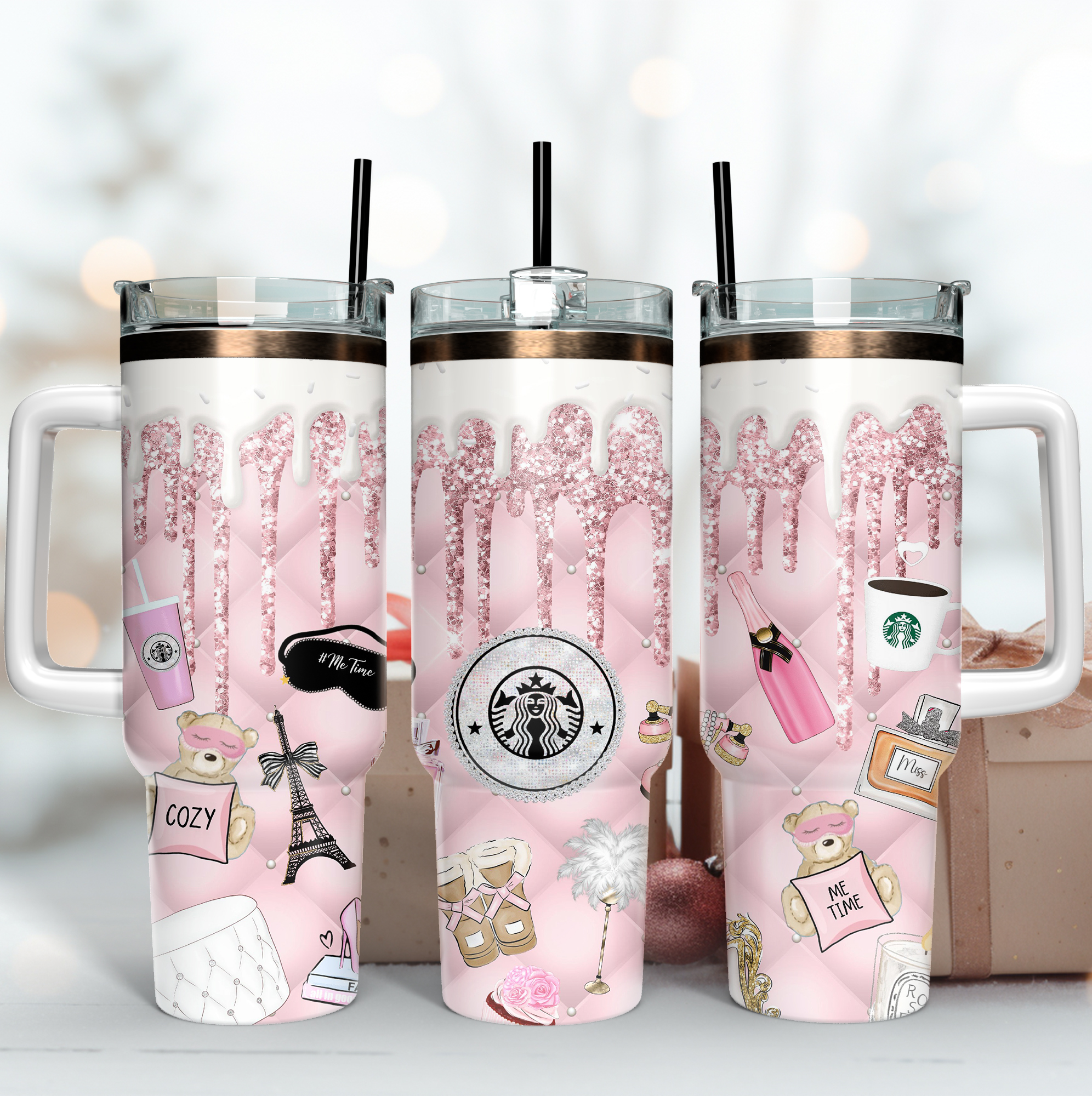 Pink Glamour Girl Custom Stanley Quencher 40oz Stainless Steel Tumbler With Handle