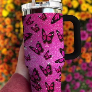Pink Glitter Butterfly Custom Stanley Quencher 40oz Stainless Steel Tumbler With Handle