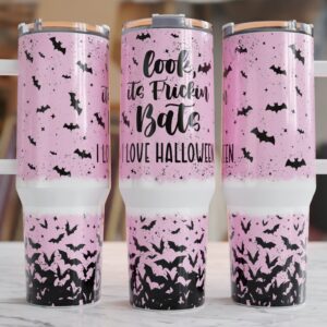 Pink Halloween Bats Custom Stanley Quencher 40oz Stainless Steel Tumbler With Handle