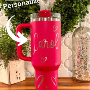 Pink Heart Custom Stanley Quencher 40oz Stainless Steel Tumbler With Handle