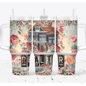 Pink Heart with Leopard Pattern Custom Stanley Quencher 40oz Stainless Steel Tumbler With Handle