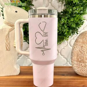 Pink Heartbeat Custom Stanley Quencher 40oz Stainless Steel Tumbler With Handle