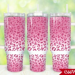 Pink Leopard Glitter Custom Stanley Quencher 40oz Stainless Steel Tumbler With Handle
