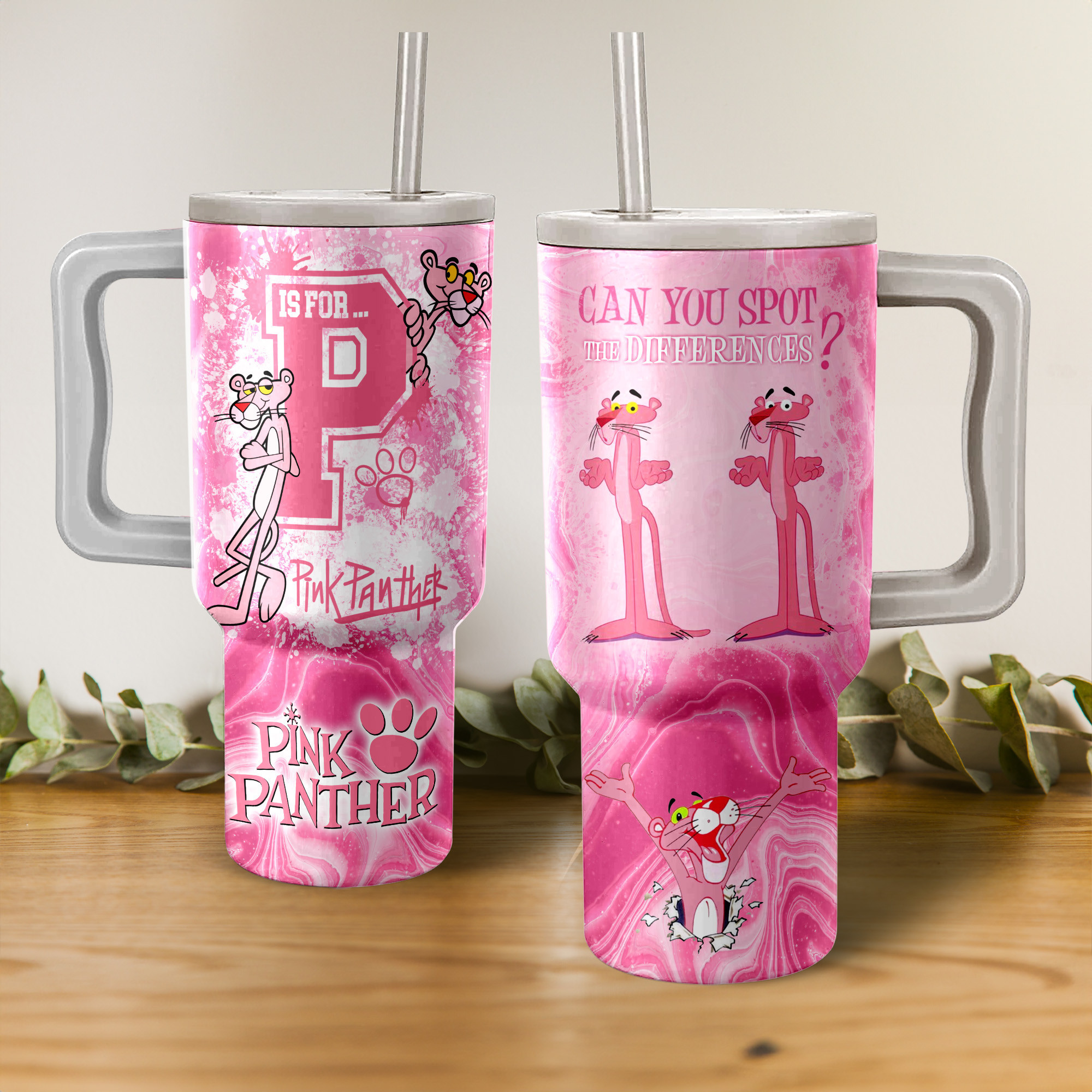 Pink Panther Cartoon Custom Stanley Quencher 40oz Stainless Steel Tumbler With Handle