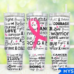 Pink Ribbon Breast Cancer Awareness Custom Stanley Quencher 40oz Stainless Steel Tumbler With Handle