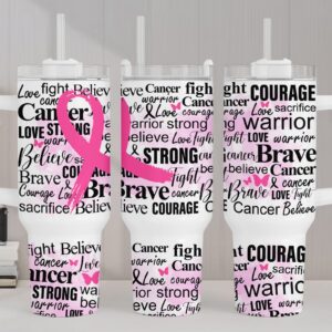 Pink Ribbon Breast Cancer Awareness Custom Stanley Quencher 40oz Stainless Steel Tumbler With Handle