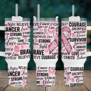 Pink Ribbon Breast Cancer Awareness Custom Stanley Quencher 40oz Stainless Steel Tumbler With Handle