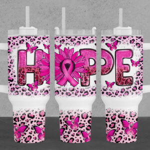 Pink Ribbon Breast Cancer Awareness Custom Stanley Quencher 40oz Stainless Steel Tumbler With Handle