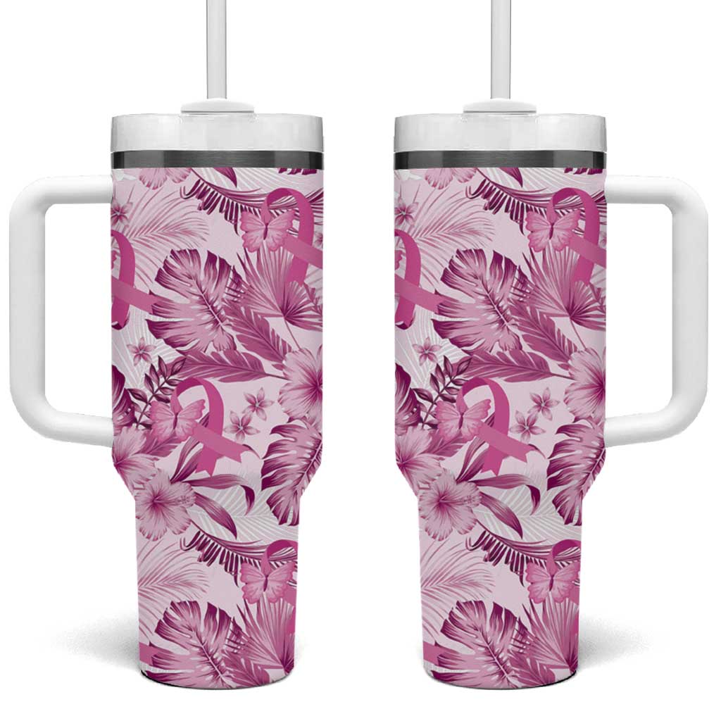Pink Ribbon Hibiscus Tropical Breast Cancer Custom Stanley Quencher 40oz Stainless Steel Tumbler With Handle