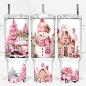 Pink Snowman Christmas Custom Stanley Quencher 40oz Stainless Steel Tumbler With Handle