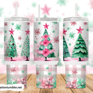 Pink Teal Christmas Tree Custom Stanley Quencher 40oz Stainless Steel Tumbler With Handle