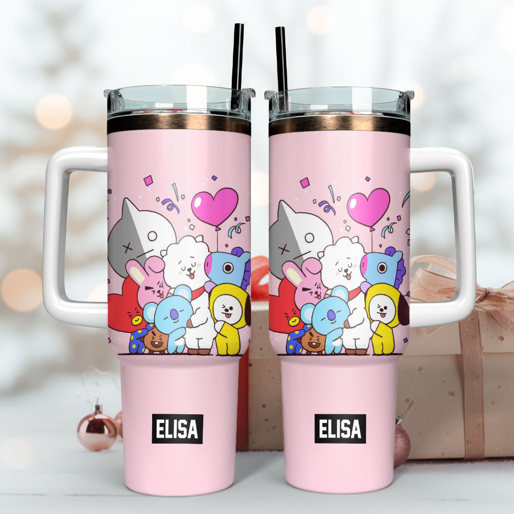 Pinkie BT21 Party Friends Music Custom Stanley Quencher 40oz Stainless Steel Tumbler With Handle