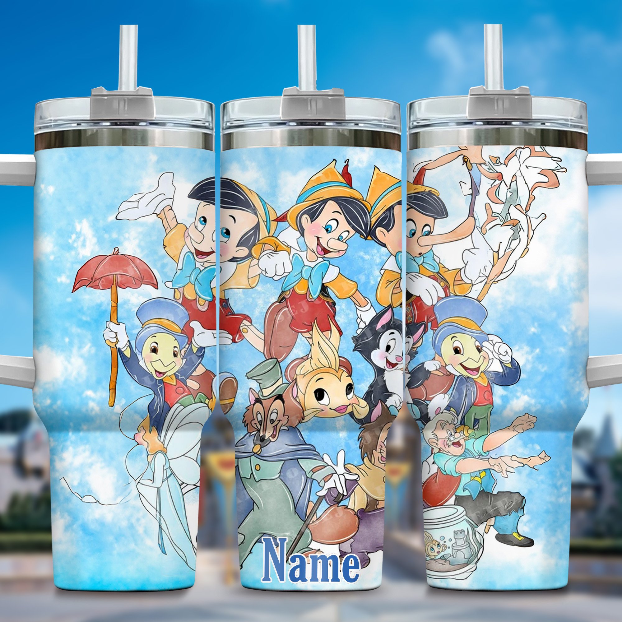 Pinocchio Cartoon Custom Stanley Quencher 40oz Stainless Steel Tumbler With Handle