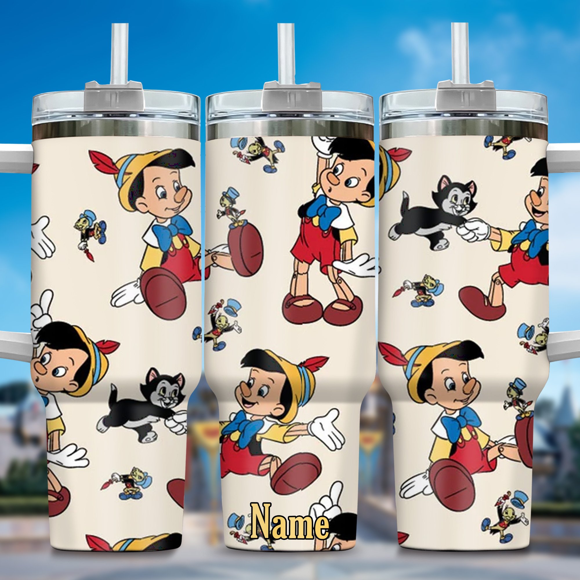 Pinocchio Cartoon Custom Stanley Quencher 40oz Stainless Steel Tumbler With Handle