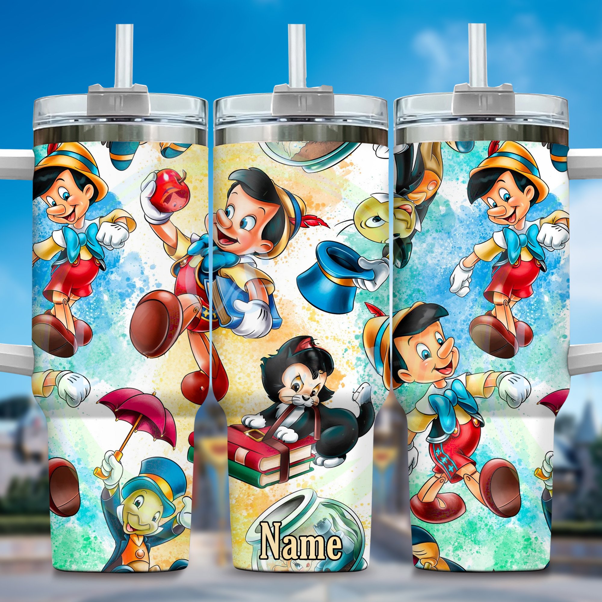 Pinocchio Cartoon Custom Stanley Quencher 40oz Stainless Steel Tumbler With Handle