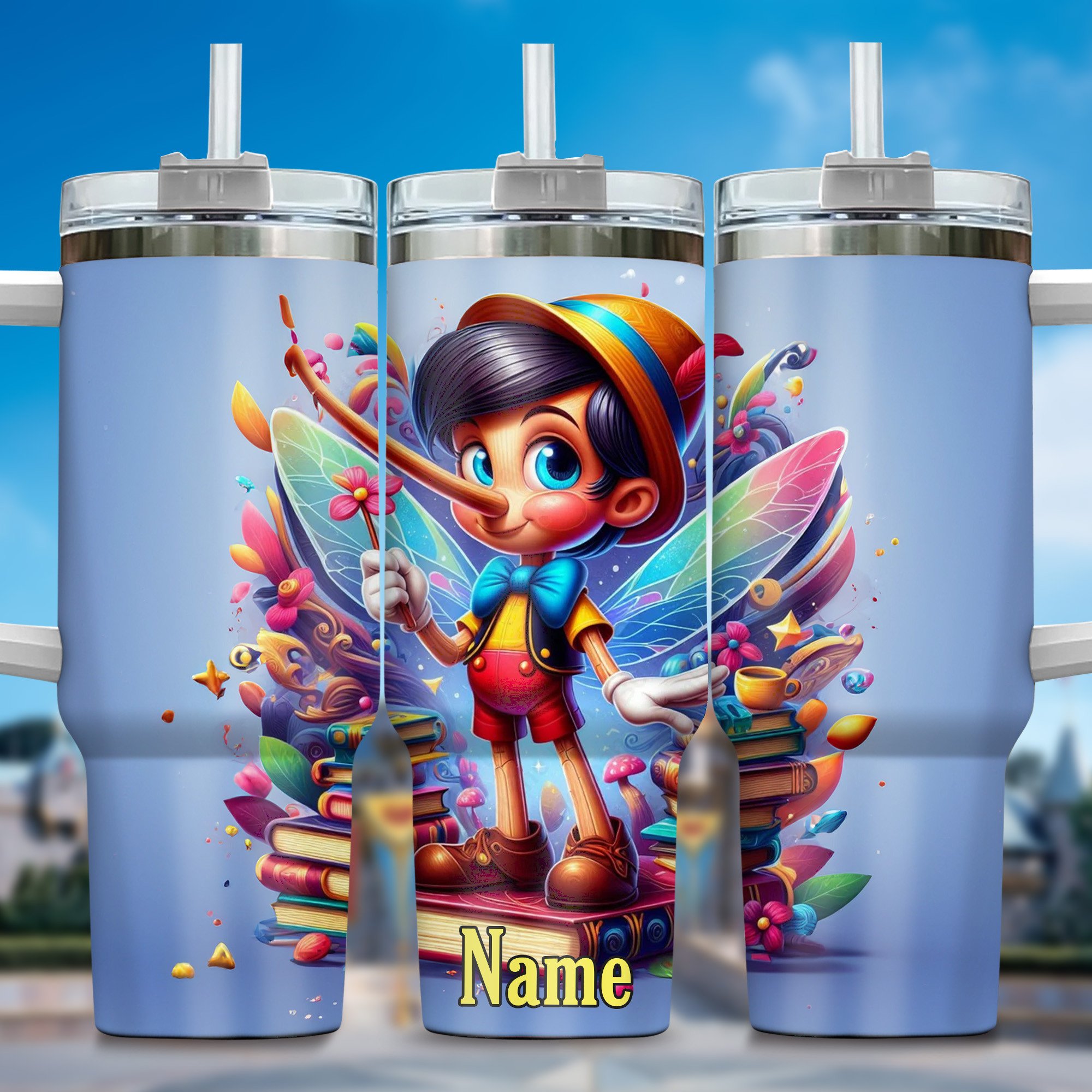 Pinocchio Cartoon Custom Stanley Quencher 40oz Stainless Steel Tumbler With Handle