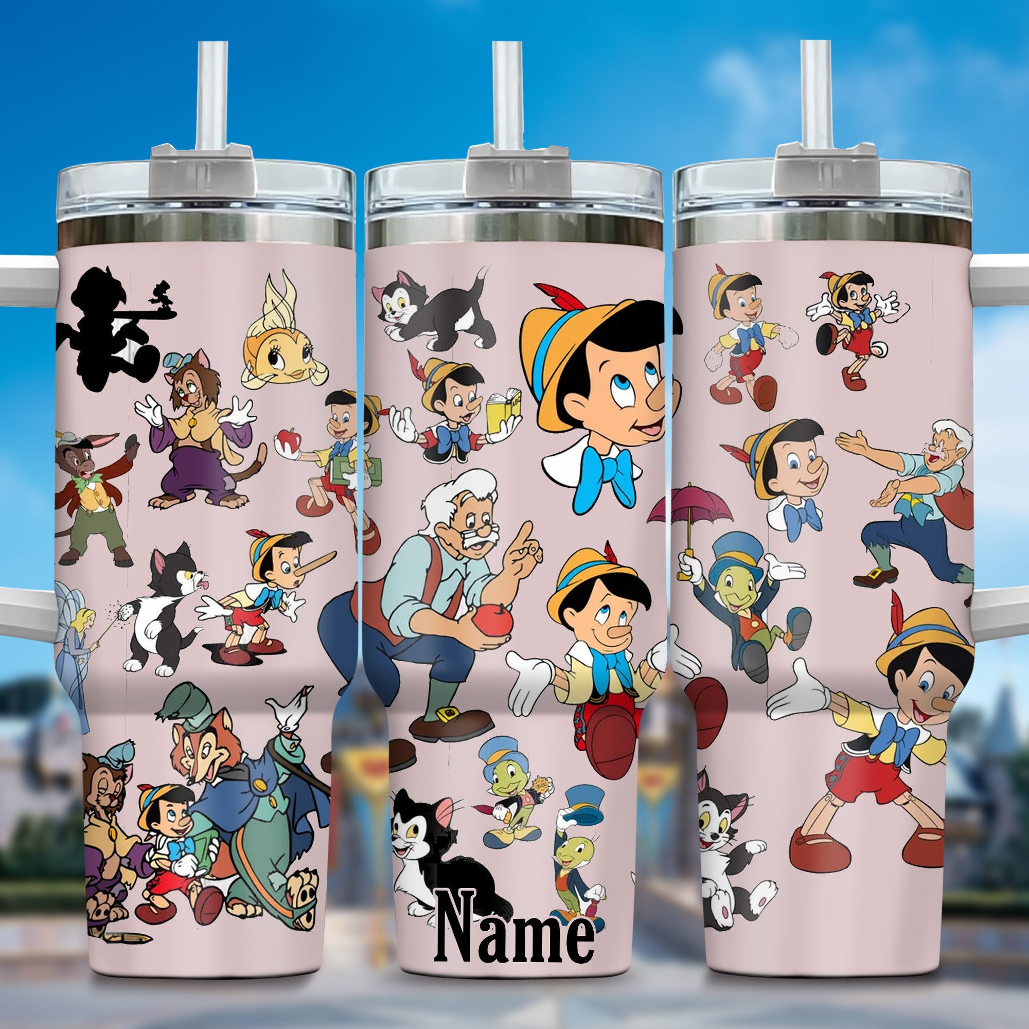 Pinocchio Cartoon Custom Stanley Quencher 40oz Stainless Steel Tumbler With Handle