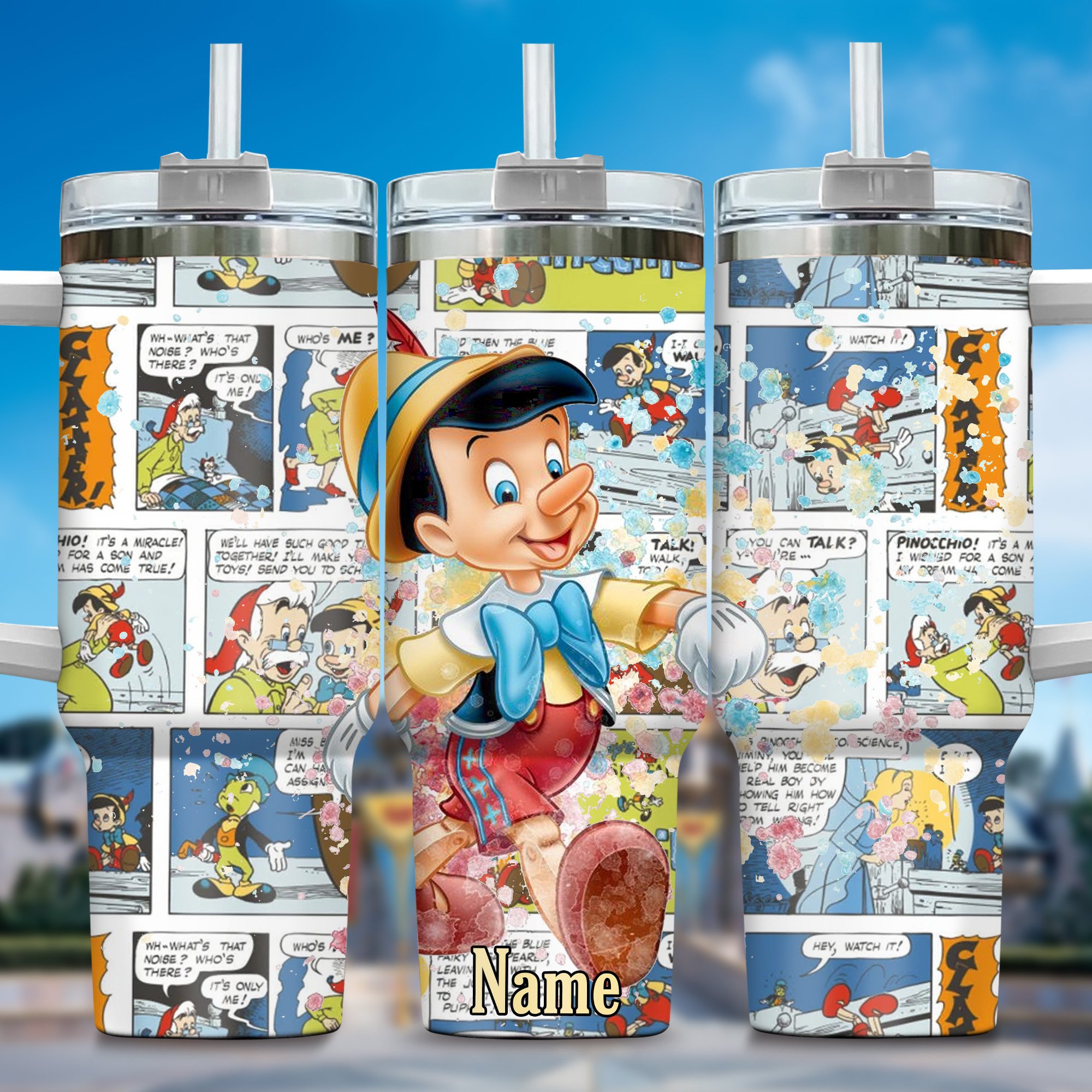 Pinocchio Cartoon Custom Stanley Quencher 40oz Stainless Steel Tumbler With Handle