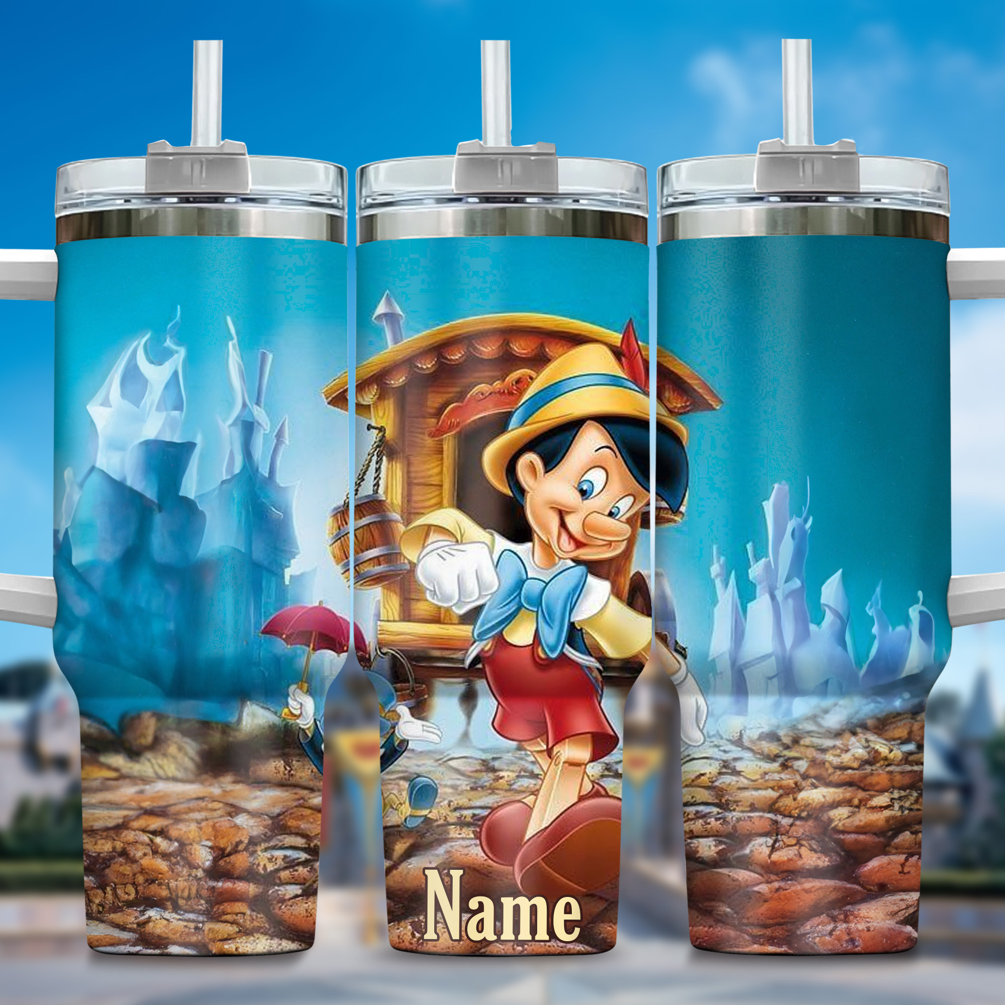 Pinocchio Cartoon Custom Stanley Quencher 40oz Stainless Steel Tumbler With Handle