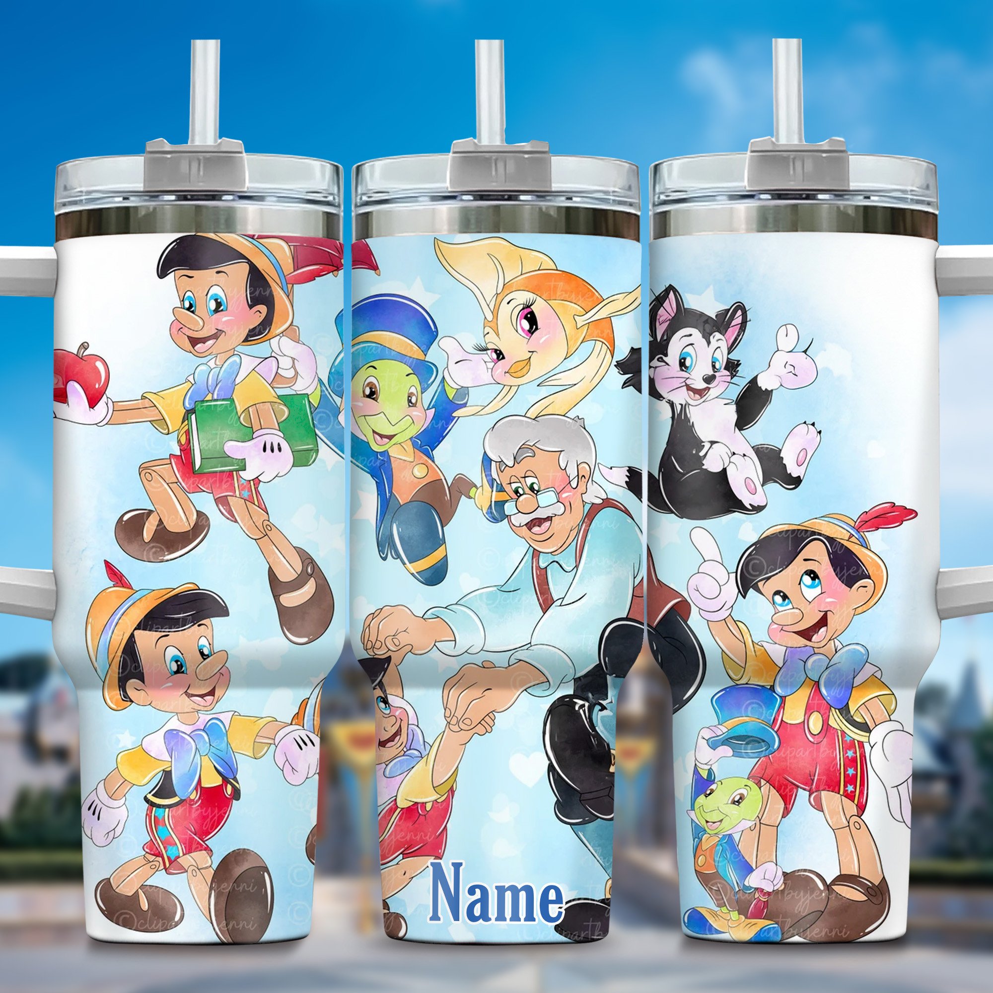 Pinocchio Cartoon Custom Stanley Quencher 40oz Stainless Steel Tumbler With Handle