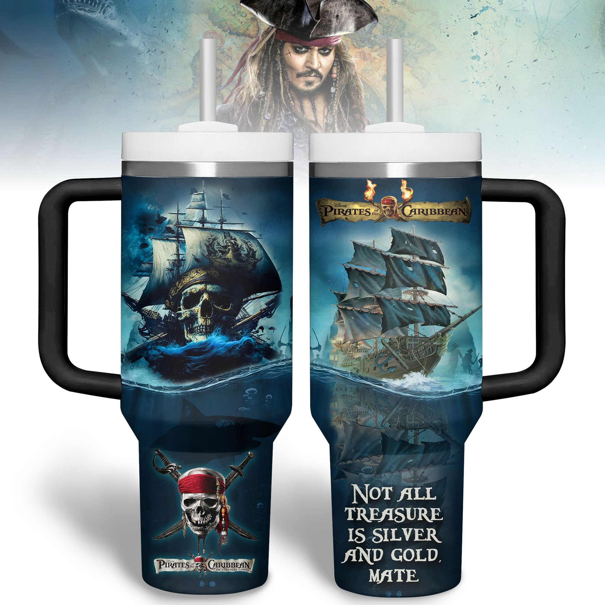 Pirates of the Caribbean Movies Custom Stanley Quencher 40oz Stainless Steel Tumbler With Handle