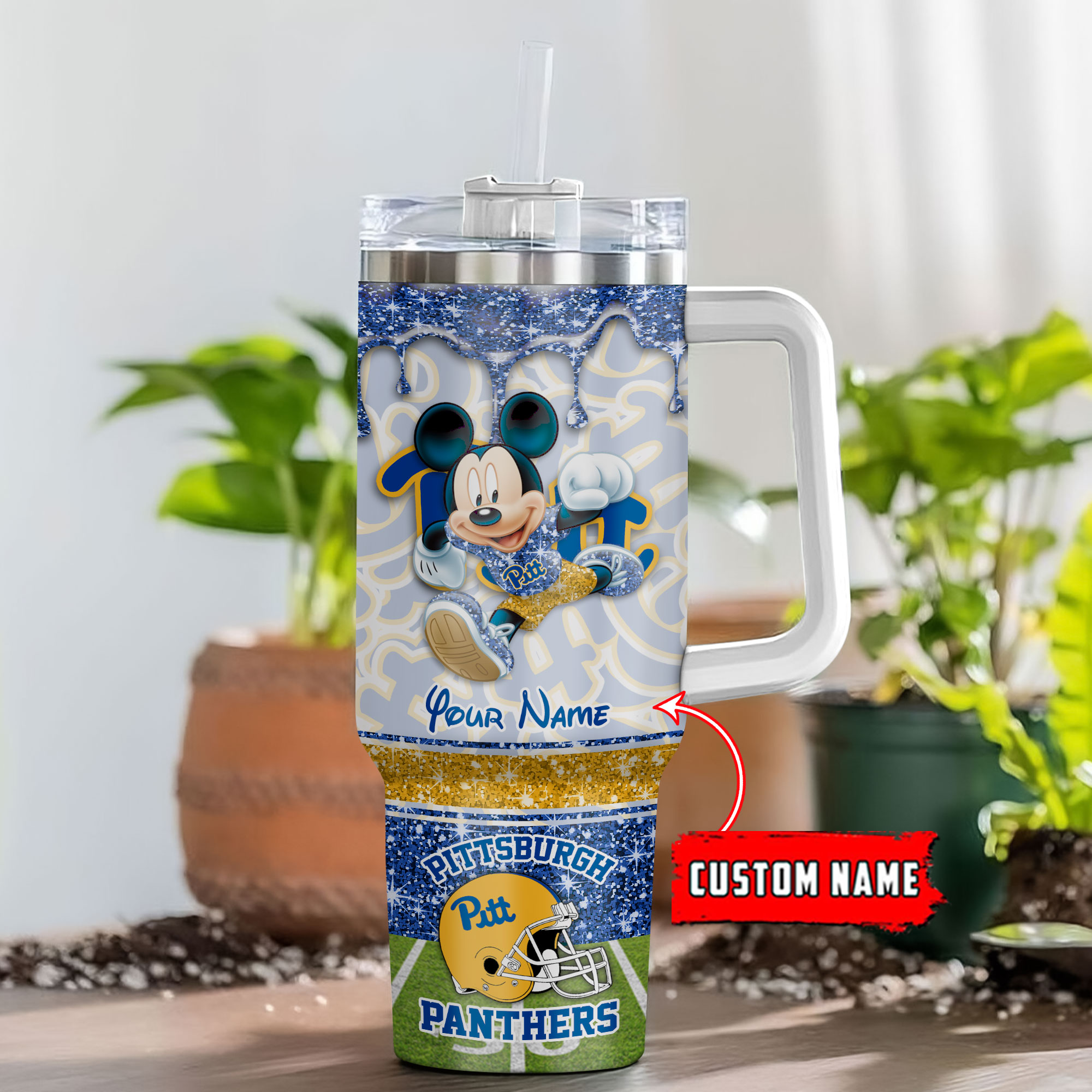 Pittsburgh Panthers NCAA Mickey Mouse Glitter Custom Stanley Quencher 40oz Stainless Steel Tumbler With Handle
