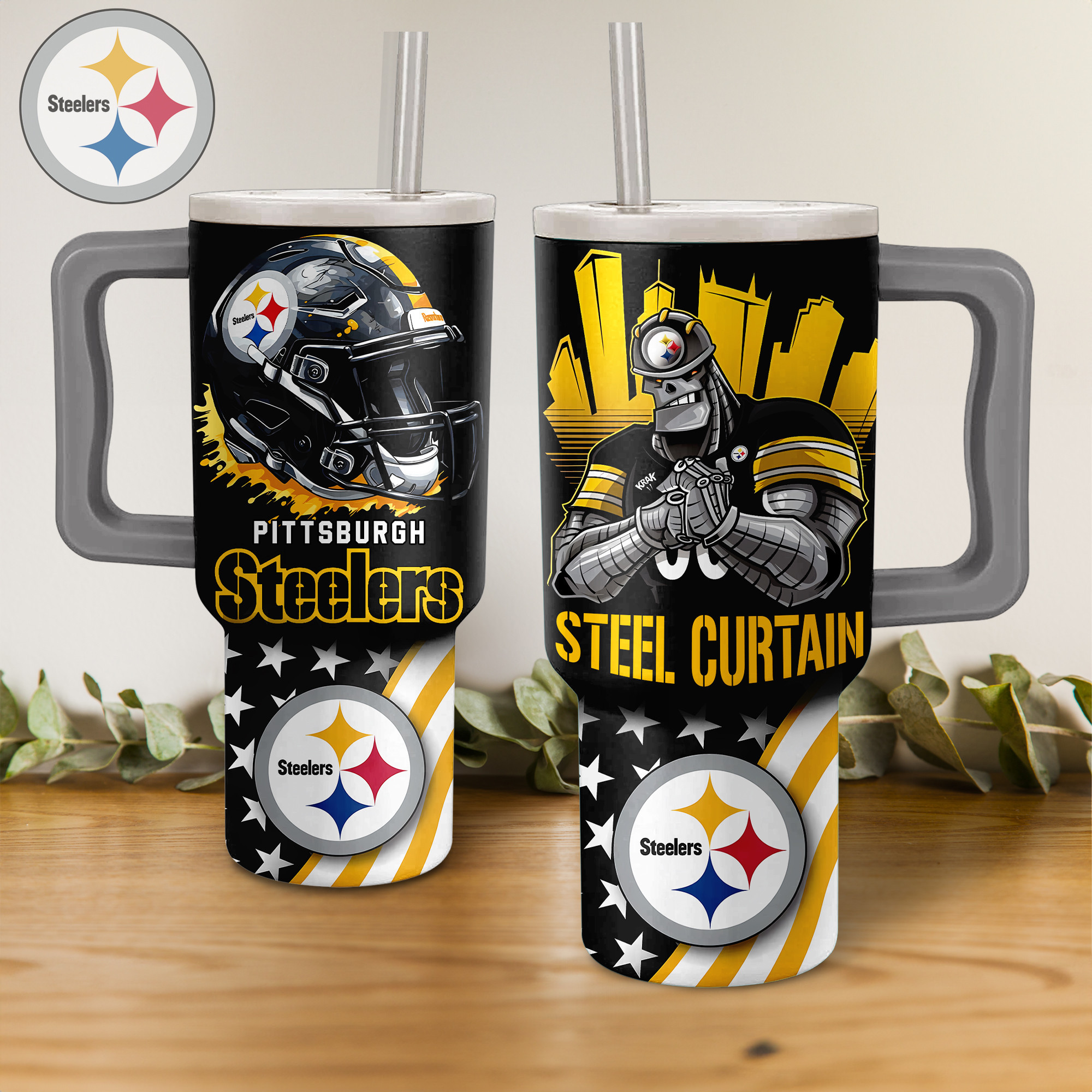 Pittsburgh Steelers Mascot NFL Custom Stanley Quencher 40oz Stainless Steel Tumbler With Handle